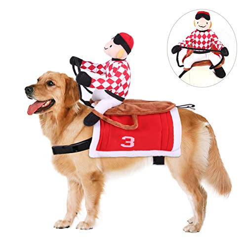 Teahutty Halloween Jockey Saddle Dog Horse Costume, Dog Christmas Costume, Funny Pets Party Cosplay Apparel Dog Riders Clothing, red