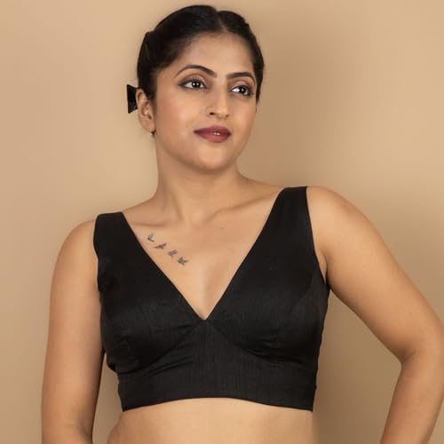 Image of FIGURE'S DESIGNER Women's Dupion Raw Silk Sleeveless V Neck Sabyasachi Cut Readymade Saree Blouse Padded Stitched S4