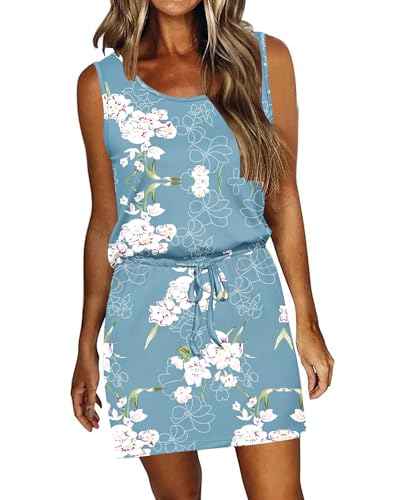 Image of AUSELILY Womens Summer Dress Casual Sleeveless Drawstring Short Dresses | Adjustable drawstring waist for a custom fit, plus 2 side pockets-perfect beach-to-street sundress