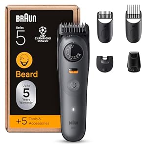 Braun Barttrimmer Series 5, Elektrischer Bartschneider Herren mit 5 Zubehörteile, Ultrascharfe ProBlade Klinge, 120 Min Akkulaufzeit, Kabelloser Bartrasierer, 40 Längen, Wasserdicht, BT5525, Grau