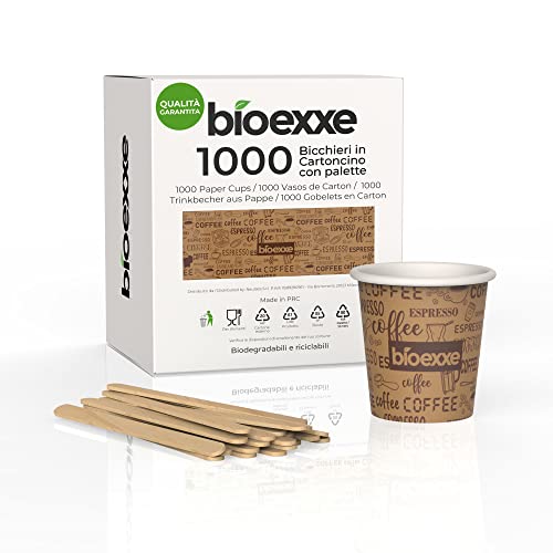 bioexxe Kit Completo 1000 Pz Bicchierini Caffè Carta 75ml + 1000 Pz Palette Caffe Monouso Ecologici Biodegradabili e Monouso - Bicchieri caffe espresso usa e getta Sostenibili