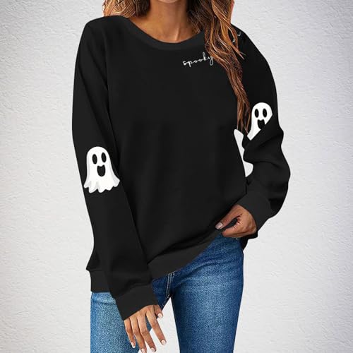 Halloween Sweatshirts for Women Spooky Season Funny Long Sleeve Graphic Crewneck Pullover Tops Cute Ghost Sweater2