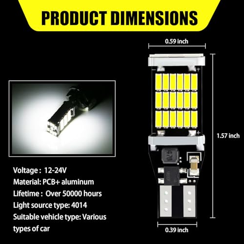 Slykew 4 PCS LED Reverse Lights, T15 4014 45SMD Turn Signal Bulbs, Canbus Error Free Brake Stop Cargo Backup Lights, 6500K High Brightness Brake Light for Most Cars (White) - Image 3