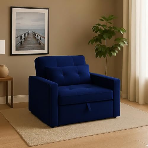 Image of CASASTYLE Trissa 1 Seater Fabric Pull-Out Sofa Cum Bed (Dark Blue) Comfortable & Premium Velvet Finish