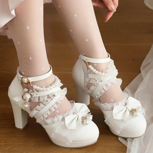 LUXMAX Women Cute Mary Janes Kawaii Shoes Block High Heel Ankle Strap Pumps Sweet Chunky Heel Platform Buckle Pumps with Bow4