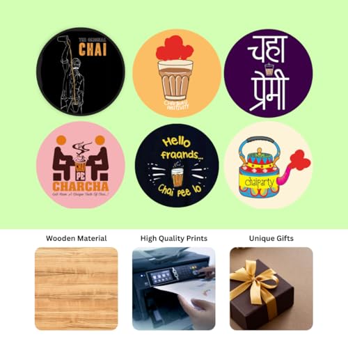 Image of Zesta Coasters for Cups Set of 6 / Wooden Coasters for Bar Accessories for Home /Tea Coaster Set of 6 / Waterproof Dining Table Decor Glass Cover (Chai Lover, Circle)