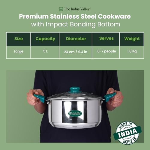 Image of The Indus Valley Stainless Steel Impact Bonded Casserole 5 litres | 3-Layer Thick Bottom | Healthy & Toxin-Free | Fast &Even Heating | Stay-Cool Handle | Induction Friendly I Easy to Clean
