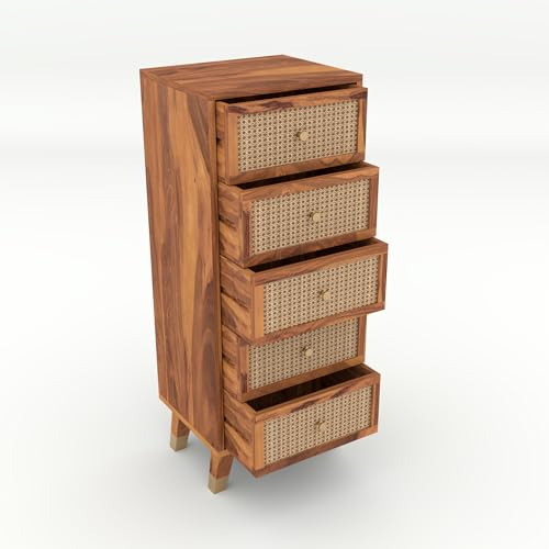 Image of Solid Sheesham Wood 5 Drawer Chest | Rosewood Chest of Drawers with Cane Front | Tall Storage Cabinet for Bedroom & Living Room (Natural Finish)