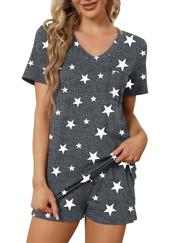 Image of RUBZOOF Women's Short Sleeve Pajama Sets with Pockets Casual V Neck 2 Piece Lounge Sets S-3XL