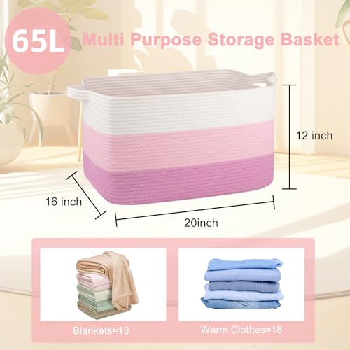 Image of OIAHOMY Large Blanket Basket, 65L Cotton Rope Woven Laundry Basket, Toy Bin for Baby Room, Container for Blanket Storage in Living Room, 20''x16''x12'', Gradient Pink