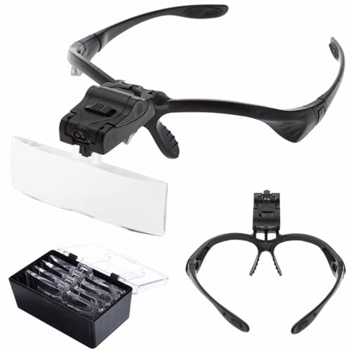 Image of Headband Head Light Magnifying Glass Headset with 2 LED Loupe with 5-Lens 1.0X, 1.5X, 2.0X, 2.5X and 3.5X Headband Magnifier Supporting Glasses Magnifier with LED Lamp