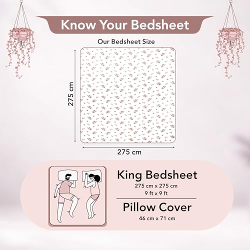 Image of Divine Casa 210 TC Pigment Twill Satin Cotton King Size Bedsheet | Soft Breathable Bed Sheet for King Size Bed with 2 Pillow Covers | 275 x 275 cm (Cream White, Floral)