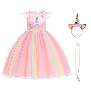 URAQT Mädchen Prinzessin Kleid, Mädchen Einhorn Cosplay Karneval Verkleidung Party Hochzeit Prinzessin Kleid mit Halskette und Stirnband, 120CM, Rosa&Gelb
