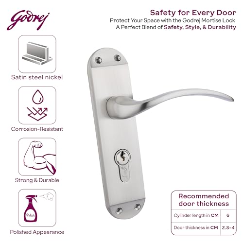 Image of Godrej Mortise Lock | BM 02 Handle Lock Set | for Home & Office | Satin Steel Finish | 200 mm Lockbody | Europrofile Cylinder 60mm Knob from Inside | 3Keys | Double-Throw Deadbolt | 5 Years Warranty