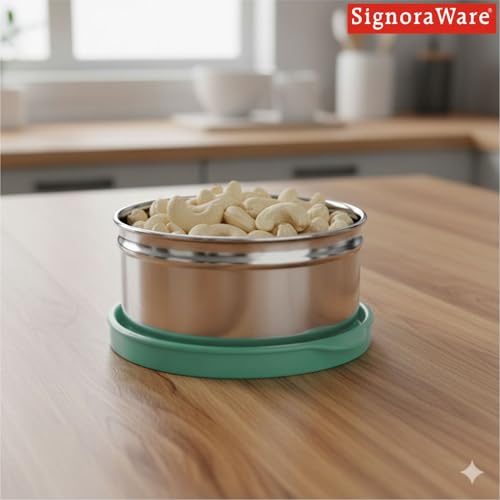 Image of Signora Ware Mini Fresh Stainless Steel Small Container | Airtight & Leakproof | Compact & Travel-Friendly | Easy to Carry | Perfect for Office, School & Home Use (140ml | EGreen)