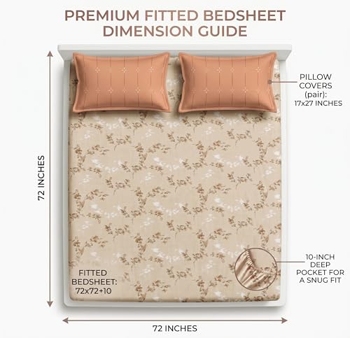 Image of HOMEKART Cotton Contrast Fitted Bedsheet for King Size Bed 72x72+10 Inch with 2 Pillow Covers 17x27 Inch | All Round Elastic | TC 144 Soft, Breathable Floral Printed Bedsheet (Ivory Blossom Elegance)