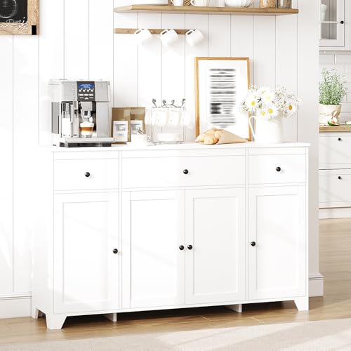 55" Sideboard Buffet Cabinet with Storage, Coffee Bar with Adjustable Shelves, 3 Drawers and 4 Minimalist Doors, Long Storage Cabinet for Kitchen, Dining Room, Living Room- White