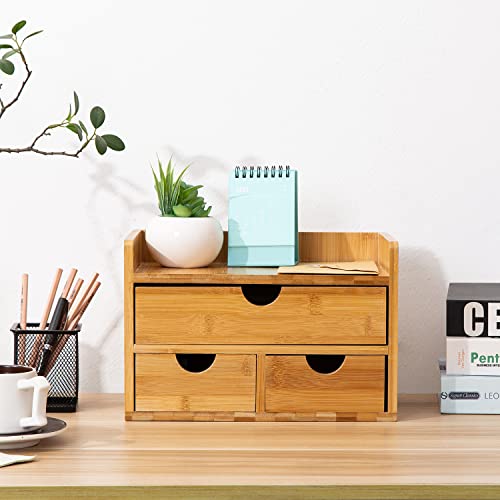 Exoliry Bamboo Desk Organizer Wooden Storage Cabinet 3 Drawers With Shelf Tabletop Organization Box Home Office Workspace Bathroom Toiletries Supplies Caddy Vanity Makeup Stationery Holder #TOP7