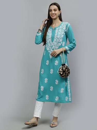 Image of Seva Chikan Hand Embroidered Lucknowi Chikankari Rayon Straight Kurta for Women SCL4532