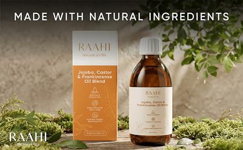 Image of RAAHI Jojoba Oil, Castor Oil and Frankincense Oil Blend for Hair and Skin, 8.45 fl oz / 250 ml, Botanical Moisturizer for Scalp, Face, Body and Hair