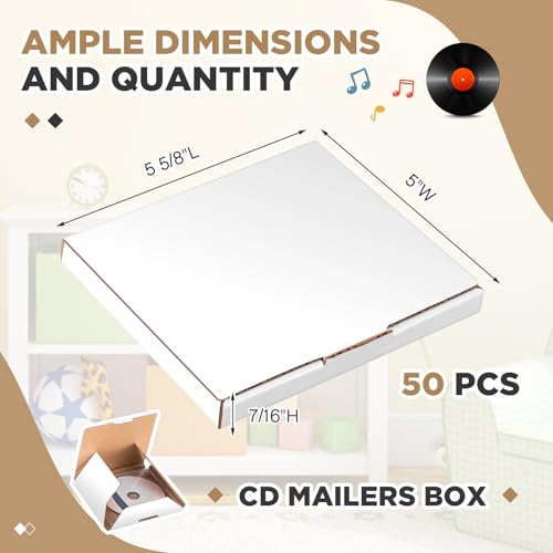 Image of Fuyoooo 50 Pcs 5 5 /8 inchl x 5 inchw x 7 /16 inchh Cd Mailer Box Cd Shipping Boxes Corrugated Mailing Bags for Moving, Shipping, Storage, or Small Business Packaging, White