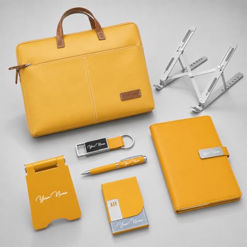 Image of Giftana 7 in 1 Laptop Bag and Laptop Stand with Personalized Diary & Pen, Keychain, Card Holder, Mobile Stand Set, Customized Gift for Husband, Employee Welcome Kit, Corporate Gift for Employees (Yellow)