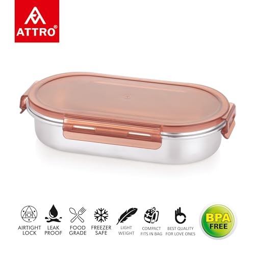 Image of Attro Steelox Oval Stainless Steel Container with Plastic Seal Lid BPA Free Food Grade Leak-Proof Ideal for School, Office & Outdoor Lunch Pack - 540ml Brown