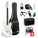  Donner E-Gitarre Set 39 Zoll mit Ahorn Griffbrett, E Gitarren mit Verstärker, Tasche, Capo, Gurt, Saiten, Tuner, Kabel und Plektren (Weiß)