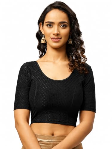 Image of Fressia Fabrics Pure Cotton 4-Way Stretch Readymade Blouse for Women | Free Size to 4XL Stretchable Round Neck Dobby Cotton Half Sleeve Readymade Saree Blouse for Women Stylish