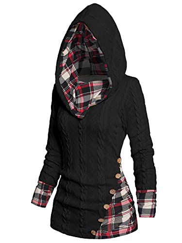 ZEZCLO Women's Twisted Cable Knit Plaid Print Hooded Sweater Mock Button Ruched Shawl Neck Knit Top
