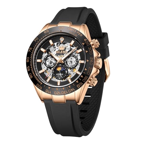 Image of OLEVS Self Winding Watches for Men Automatic Mechanical Skeleton Luxury Dress Waterproof Moon Phase Tourbillon Chronograph Stainless Steel Luminous Wristwatch