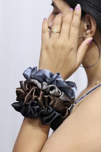 Image of Satin Scrunchies Hair Bands for Women | No-Damage Elastic Hair Ties for Ponytails & Buns | Fluffy & Stylish Rubber Bands | Large Size | Pack of 5