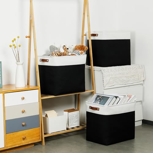 Image of DULLEMELO Fabric Storage Baskets 3 Pack - 17x12x15 inch Large Foldable Fabric Organizer for Storage Decorative Storage Bins for Home,Closet(White&Black)