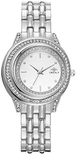 Damenuhr Quarz-Armbanduhr mit rundem Zifferblatt eingelegt Zwei Kreise von Strasssteinen Bling Uhr mit Schnalle Armband für Elegante Frauen, Silber