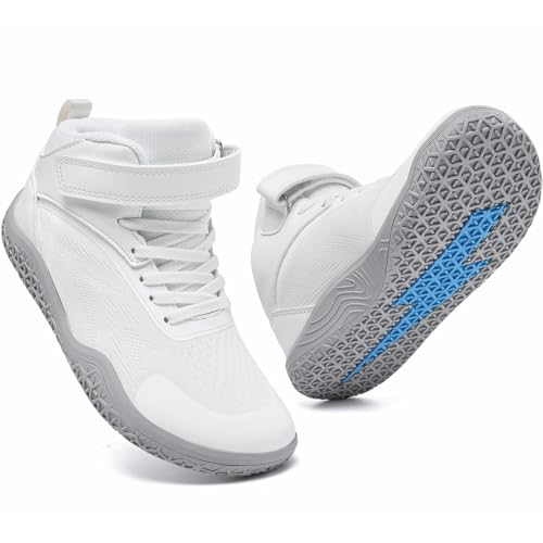 ziitop Kids Wrestling Shoes Youth Boys Girls - Wide Toe Box Zero Drop Hook and Loop Breathable Boxing Shoe White