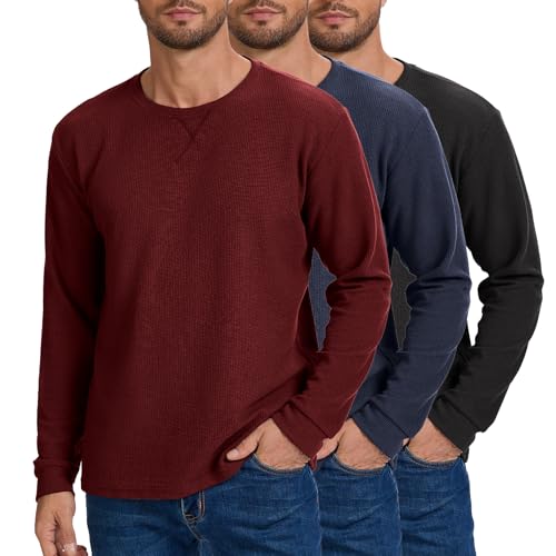 Image of 3 Pack Mens Waffle Shirts Long Sleeve Casual T-Shirt | Lightweight, Regular Fit, Waffle Knit, Crew Neck, Stylish Design, Pullover Top, Work, Daily