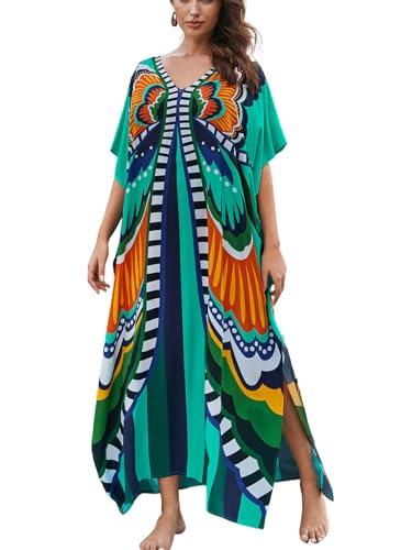 Image of IMAGEKOPE Women's Plus Size Loose Fit Moroccan Print V-Neck Batwing Kaftan Beach Dress Bathing Suit Cover Up