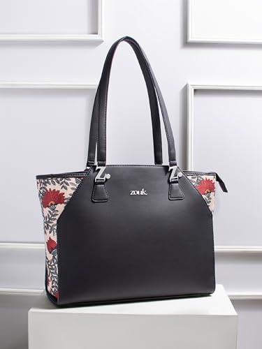 Image of ZOUK Printed Jute Handcrafted Vegan Leather Black Women's Check-point Friendly Classic Business Bag