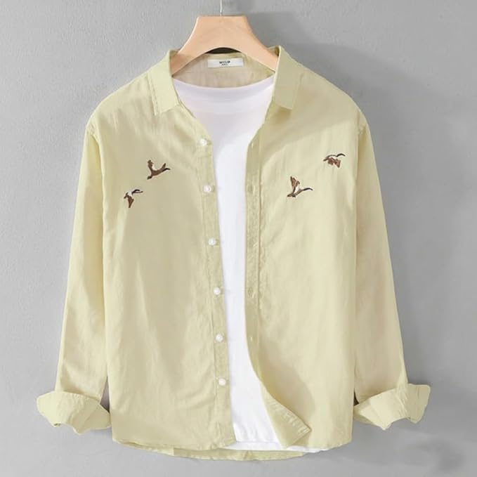 Image of Men's Cotton Blend Casual Wear with Bird Embroidery | Regular Fit Full Sleeve Button Down | Lightweight Summer Style for Daily, Office & Party