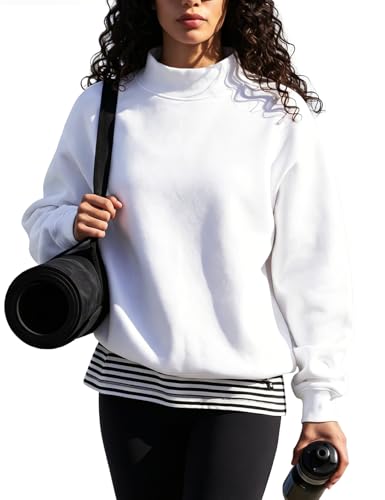 Womens Mock Neck Sweatshirt Oversized Fleece Lined Turtleneck Top White M