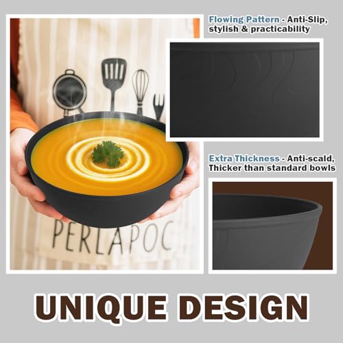 Image of Unbreakable Cereal Bowls 40 OZ, Wheat Straw Bowls Set of 6, Anti Scald Extra Thick Soup Bowls, Reusable Plastic Bowl for Kitchen, Outdoor, Camping, RV, Black