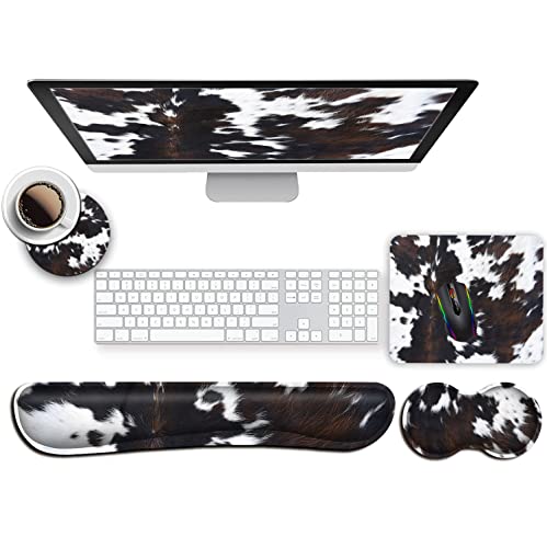 Keyboard Wrist Rest and Mouse Wrist Rest Support Padded Memory Foam Set, Durable Non-Slip Base for Computer Laptop Office Accessories,Ergonomic Mouse Pad Cute Cowhide Brown Black Cow