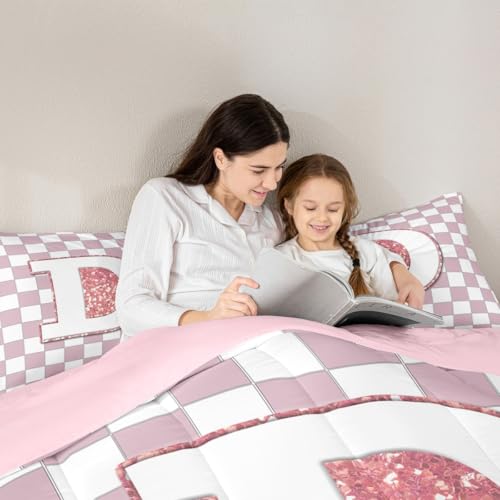 Image of Erosebridal Pink Initial D Kids Comforter Sets Kawaii Plaid Checkered King Bedding Set for Girls Teen Women Cute Personalized Monogram Comforter Set,Fashion Grids Gingham Quilt Duvet 3 Pcs