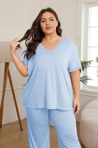 Image of Vozanet Women's Plus Size Pajama Sets Short Sleeve Long Pants Solid Color with Piping Trim Elegant Loungewear Cozy Sleepwear