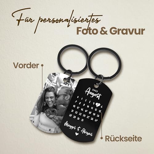 Meinearmbänder Schlüsselanhänger personalisiert aus Edelstahl mit Schwarz/Weiß Bild und Datum - Valentinstag-Geschenk für ihn & sie - Partner Geschenke - Personalisierte Geschenke