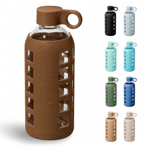 Image of purifyou 40oz / 32oz / 22oz / 12oz Borosilicate Glass Water Bottle with Time & Volume Markers, Silicone Sleeve, Stainless Steel Lid | Reusable Glass Bottle for Water & Juice (22oz Earth Brown)