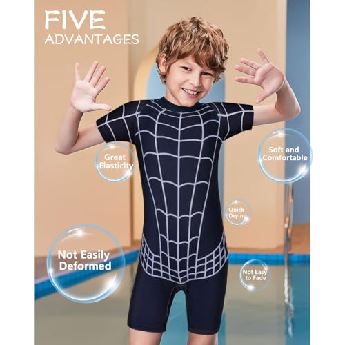 URAQT Boys Swimming Costume, Kids One Piece Short Sleeve Swimwear with Swimming Cap, Kids Cartoon UV Protection Swimsuit Child Rash Guard Bathing Suit, Kids Swim Set for 3-9 Years