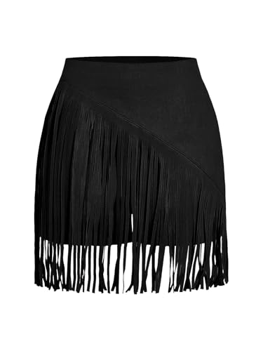SweatyRocks Women's Fringe High Waist Skort Zipper Back Faux Suede Skirt Shorts