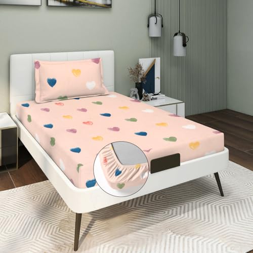 Image of RD TREND Waterproof Elastic Fitted Bedsheet, Single Size 72x48x8 Inch, with 1 Waterproof Pillow Covers 18x28 Inch, Washable, Wrinkle Resistant Pink Multi Heart