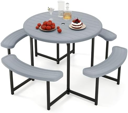Giantex Picnic Table Bench Set for 4-8 Person, Round 37” Outdoor Dining Table w/Umbrella Hole, HDPE Tabletop, Metal Frame, Patio Furniture Set for Backyard Porch Lawn, 1400lb Capacity (Gray,Round)
